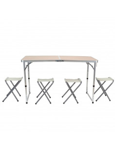 Tradineur - Mesa plegable de aluminio con 4 taburetes, superficie de MDF, portátil en maletín, multiusos, resistente, camping, p