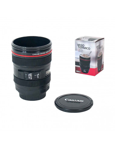 Gerimport - Vaso térmico con forma de objetivo de cámara de 400 ml, vaso multifunción con tapa, 12.5 x 8.5 cm