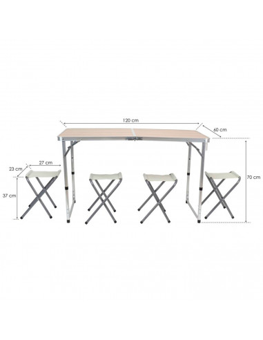 Tradineur - Mesa plegable de aluminio con 4 taburetes, superficie de MDF, portátil en maletín, multiusos, resistente, camping, p