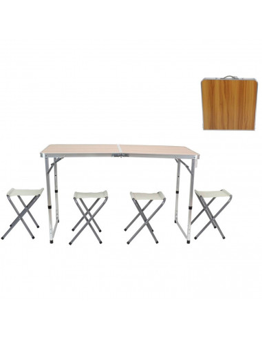Tradineur - Mesa plegable de aluminio con 4 taburetes, superficie de MDF, portátil en maletín, multiusos, resistente, camping, p