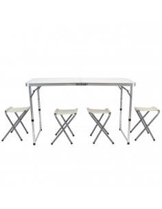 Tradineur - Mesa plegable de aluminio y 4 taburetes, superficie de MDF, portátil en maletín, multiusos, resistente, camping, pla