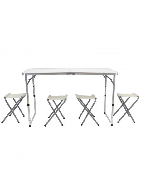 Tradineur - Mesa plegable de aluminio y 4 taburetes, superficie de MDF, portátil en maletín, multiusos, resistente, camping, pla