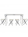 Tradineur - Mesa plegable de aluminio y 4 taburetes, superficie de MDF, portátil en maletín, multiusos, resistente, camping, pla
