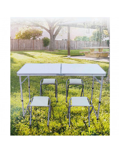 Tradineur - Mesa plegable de aluminio y 4 taburetes, superficie de MDF, portátil en maletín, multiusos, resistente, camping, pla