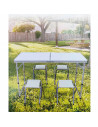 Tradineur - Mesa plegable de aluminio y 4 taburetes, superficie de MDF, portátil en maletín, multiusos, resistente, camping, pla