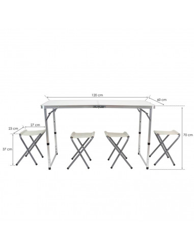 Tradineur - Mesa plegable de aluminio y 4 taburetes, superficie de MDF, portátil en maletín, multiusos, resistente, camping, pla