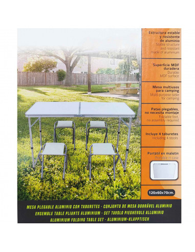 Tradineur - Mesa plegable de aluminio y 4 taburetes, superficie de MDF, portátil en maletín, multiusos, resistente, camping, pla