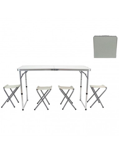 Tradineur - Mesa plegable de aluminio y 4 taburetes, superficie de MDF, portátil en maletín, multiusos, resistente, camping, pla