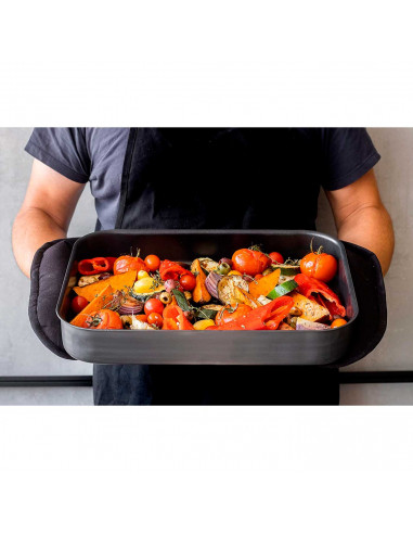 Tradineur - Bandeja rectangular para hornos con asas - Superficie Antiadherente - Rustidera de cocina, cocinar y servir - 7 x 28