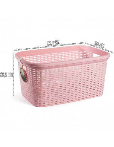Tradineur - Cesta de plástico "Rattan" con asas, recipiente para la colada, diseño imitación de mimbre, lavandería, hogar, fabri