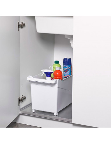 Tradineur - Carrito de plástico multiusos con asa y ruedas Nº2, cesta organizadora para productos de limpieza, oficina, baño, co