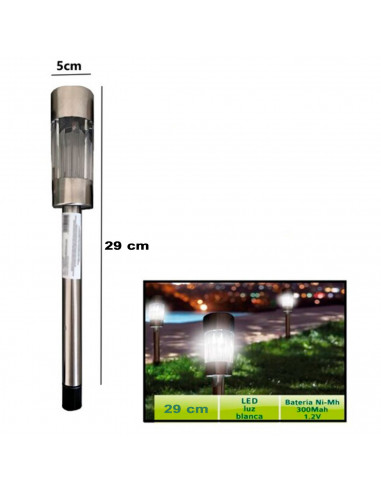 Tradineur - Antorcha solar de jardín de acero inoxidable, lámpara luz recargable para césped, incluye estaca para clavar, decora