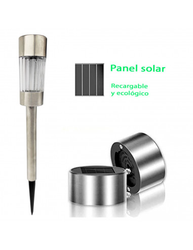 Tradineur - Antorcha solar de jardín de acero inoxidable, lámpara luz recargable para césped, incluye estaca para clavar, decora