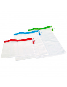 Tradineur - Pack de 3 bolsas de malla reutilizables para frutas, verduras, lavables, ecológicas, almacenamiento, compras, viajes