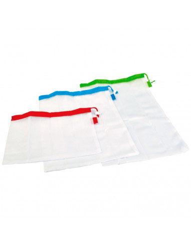 Tradineur - Pack de 3 bolsas de malla reutilizables para frutas, verduras, lavables, ecológicas, almacenamiento, compras, viajes