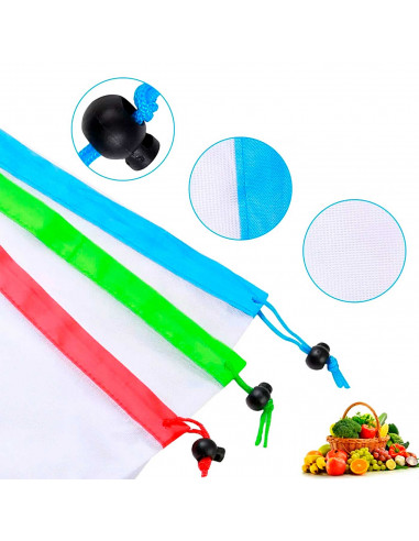 Tradineur - Pack de 3 bolsas de malla reutilizables para frutas, verduras, lavables, ecológicas, almacenamiento, compras, viajes