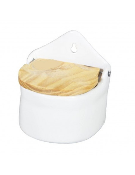 Salero de cerámica de color blanco con tapa de madera, de 13 x 11,5 x 9,6 cm. Recipiente para guardar especias con agujero para
