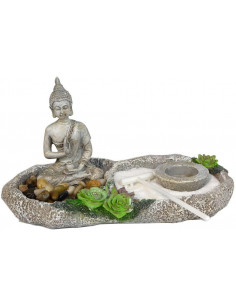 Jardín zen decorativo de resina con posavelas 13,5 x 26 x 14 cm. Figura decorativa para hogar o jardín, regalo original