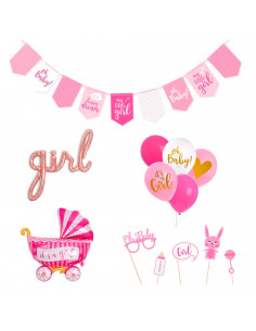 Tradineur - Set de baby shower, decoración para fiesta de bebé, incluye 2 guirnaldas, globos y accesorios de photocall, revelaci