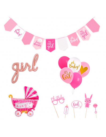 Tradineur - Set de baby shower, decoración para fiesta de bebé, incluye 2 guirnaldas, globos y accesorios de photocall, revelaci