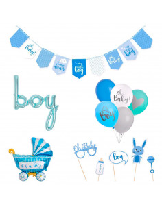 Tradineur - Set de baby shower, decoración fiesta de bebé, incluye 2 guirnaldas, globos y accesorios de photocall, revelación de