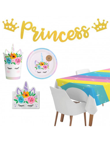 Tradineur - Set de decoración para cumpleaños, incluye guirnalda de princesa, mantel arcoiris y platos, vasos y servilletas de u