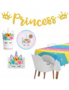 Tradineur - Set de decoración para cumpleaños, incluye guirnalda de princesa, mantel arcoiris y platos, vasos y servilletas de u