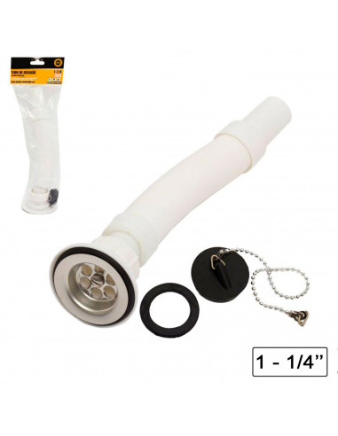 Tradineur - Tubo de desagüe flexible para fregadero con rejilla y tapón, manguera de drenaje, sifón de plástico para lavabo, ext