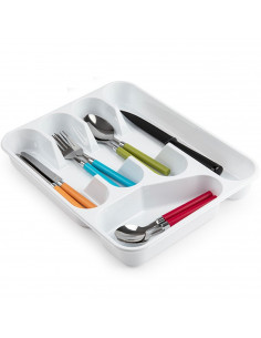 Tradineur - Bandeja cubertero de plástico, de color blanco, de 4,5 x 26,5 x 33,5 cm, Recipiente para ordenación y almacenamiento