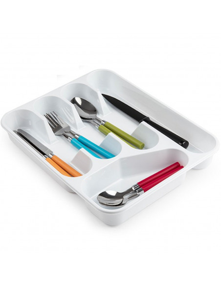 Tradineur - Bandeja cubertero de plástico, de color blanco, de 4,5 x 26,5 x 33,5 cm, Recipiente para ordenación y almacenamiento