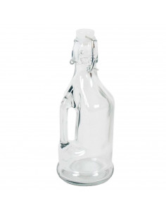 Gerimport - Botella gaseosa de cristal transparente con asa 360 ml. Botella vidrio con tapa abatible y cierre, rellenable, licor