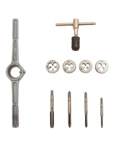 Tradineur - Set de llave de grifo tipo T, portamatrices, machos de rosca y matrices, acero de alto carbono, roscado suave y prec