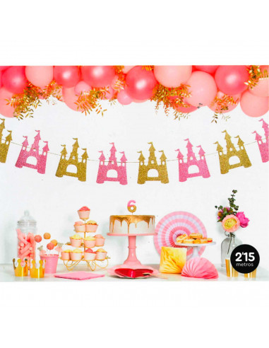 Tradineur - Guirnalda de castillos con glitter, cartón, decoración de cumpleaños, comuniones, fiestas, Navidad, diseñado en Espa