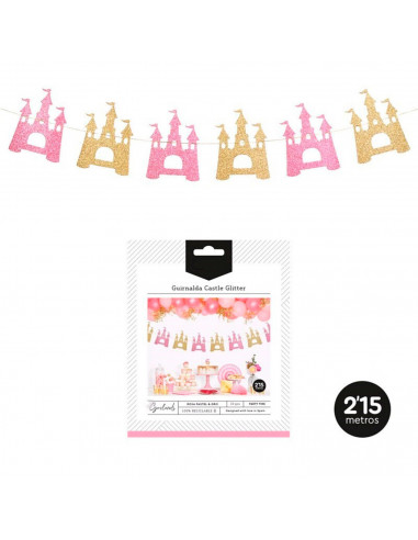 Tradineur - Guirnalda de castillos con glitter, cartón, decoración de cumpleaños, comuniones, fiestas, Navidad, diseñado en Espa