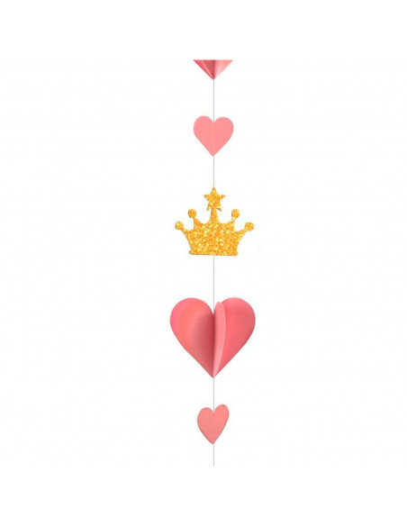 Tradineur - Guirnalda 3D de princesa con glitter, cartón, incluye corazones y coronas, decoración de cumpleaños, comuniones, fie Tradineur - Guirnalda 3D de princesa con glitter, cartón, incluye corazones y coronas, decoración de cumpleaños, comuniones, fie