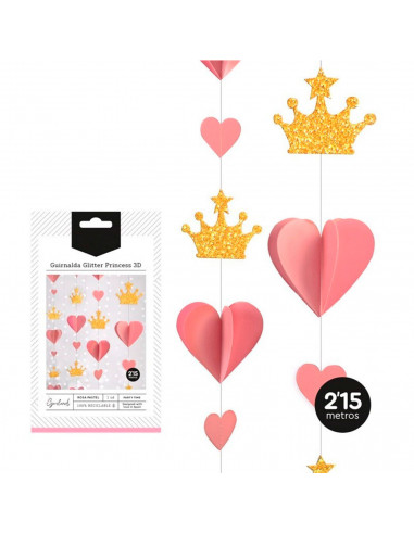 Tradineur - Guirnalda 3D de princesa con glitter, cartón, incluye corazones y coronas, decoración de cumpleaños, comuniones, fie