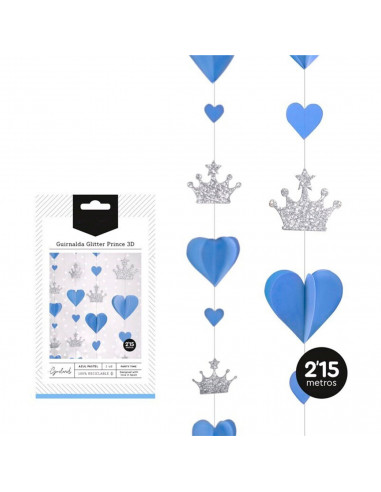 Tradineur - Guirnalda 3D de príncipe con glitter, cartón, incluye corazones y coronas, decoración de cumpleaños, comuniones, fie