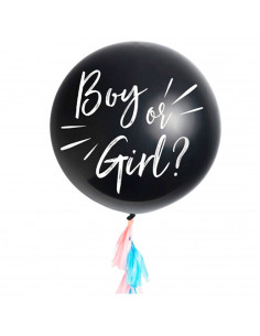 Tradineur - Globo de revelación de género, niño o niña, látex natural, incluye bolsas de confeti y borlas de papel azul y rosa,