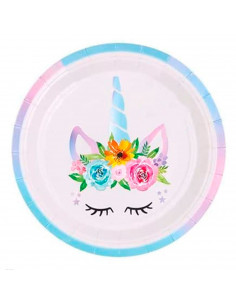 Tradineur - Pack de 6 platos de cartón biodegradables, diseño de unicornio, fibras naturales, reciclables, decoración de fiestas