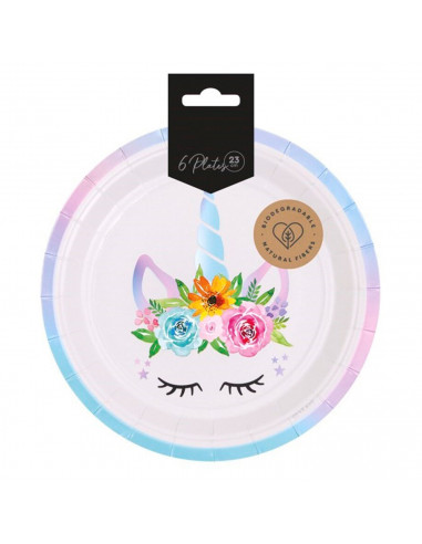 Tradineur - Pack de 6 platos de cartón biodegradables, diseño de unicornio, fibras naturales, reciclables, decoración de fiestas