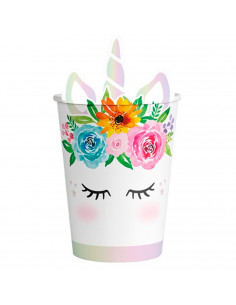Tradineur - Pack de 6 vasos de cartón biodegradables, diseño de unicornio, reciclables, decoración de fiestas de cumpleaños, niñ