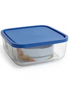 Tradineur - Fiambrera cuadrada de vidrio con tapa de plástico azul, recipiente para guardar alimentos, apta para microondas, con