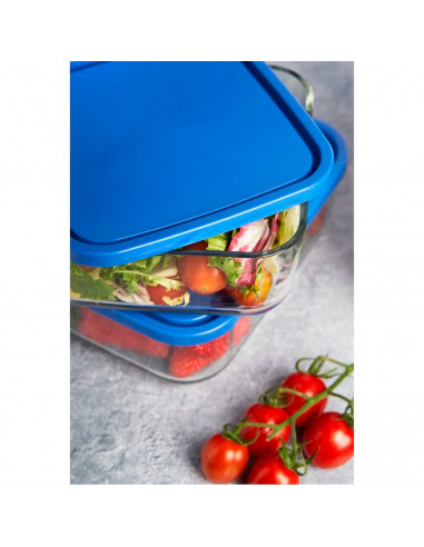Tradineur - Fiambrera cuadrada de vidrio con tapa de plástico azul, recipiente para guardar alimentos, apta para microondas, con