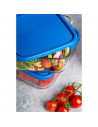 Tradineur - Fiambrera cuadrada de vidrio con tapa de plástico azul, recipiente para guardar alimentos, apta para microondas, con
