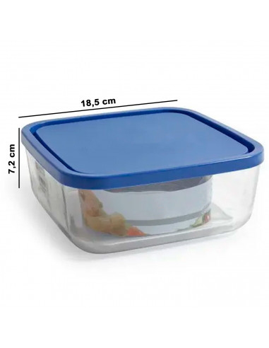 Tradineur - Fiambrera cuadrada de vidrio con tapa de plástico azul, recipiente para guardar alimentos, apta para microondas, con