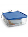 Tradineur - Fiambrera cuadrada de vidrio con tapa de plástico azul, recipiente para guardar alimentos, apta para microondas, con