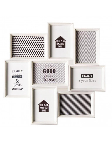 Multimarco de madera para 8 fotos de distintos tamaños, de color blanco, de 45 x 45 x 3 cm. Marco para varias fotos de plástico