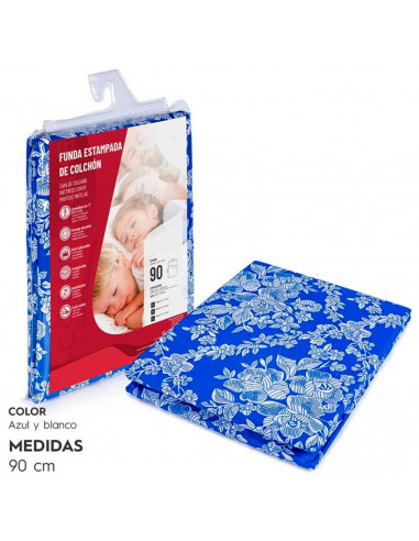 Tradineur - Funda estampada para colchón con cremallera, poliéster, flores blancas, extra suave, no encoge, protector de colchón