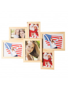 Multimarco de madera MDF para 6 fotos de distintos tamaños, de color claro, de 61,5 x 46,5 x 2 cm. Marco para varias fotos de pl