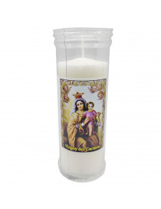Este velón rojo de la Virgen del Carmen es ideal para decorar e iluminar iglesias y cementerios. No produce humo y mide 16 x 6 c